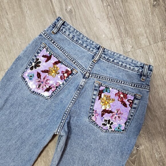 Vintage * Bell Bottom Flare Jeans * Sequins Sz S - Picture 6 of 9